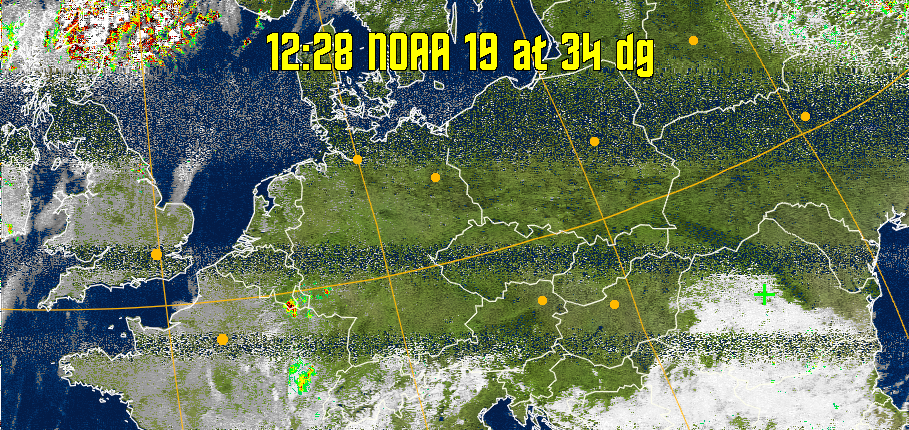 MSA-precip:
Same as MSA multispectral analysis, but high cold cloud tops are coloured the
same as the NO enhancement to give an approximate indication of the probability
and intensity of precipitation.