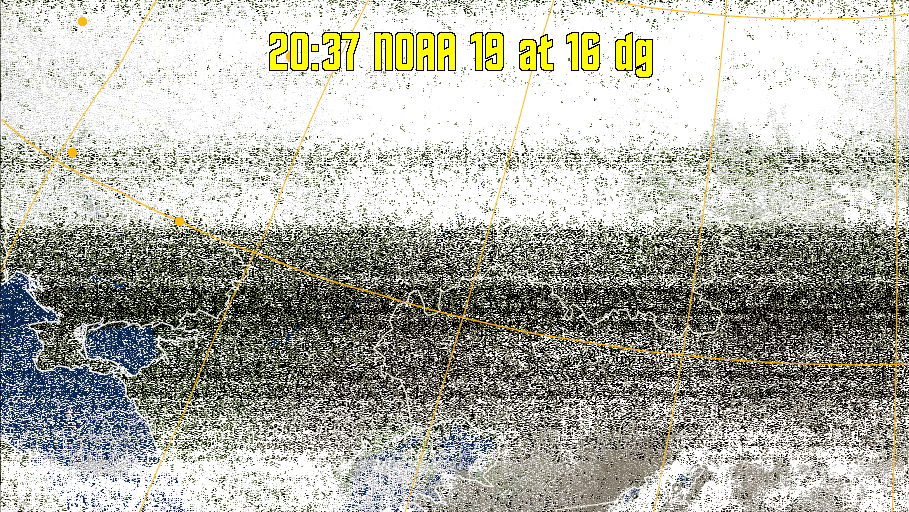 MCIR-precip: 
Colours the NOAA sensor 4 IR image using a map to colour the sea blue and land
green. High clouds appear white, lower clouds gray or land/sea coloured, clouds
generally appear lighter, but distinguishing between land/sea and low cloud may
be difficult. Darker colours indicate warmer regions.