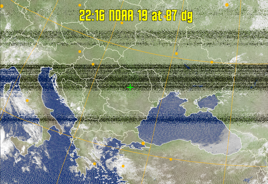 MCIR-precip: 
Colours the NOAA sensor 4 IR image using a map to colour the sea blue and land
green. High clouds appear white, lower clouds gray or land/sea coloured, clouds
generally appear lighter, but distinguishing between land/sea and low cloud may
be difficult. Darker colours indicate warmer regions.