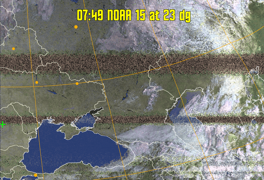 HVCT:
Similar to HVC, but with blue water and with colours more indicative of
land temperatures.
HVC:
Creates a false colour image from NOAA APT images based on temperature using
the HVC colour model. Uses the temperature derived from the sensor 4 image to
select the hue and the brightness from the histogram equalised other image to
select the value and chroma. The HVC colour model attempts to ensure that different colours at the same value will appear to the eye to be the same brightness
and the spacing between colours representing each degree will appear to the eye to
be similar. Bright areas are completely unsaturated in this model.
