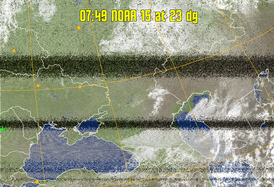 MCIR-precip: 
Colours the NOAA sensor 4 IR image using a map to colour the sea blue and land
green. High clouds appear white, lower clouds gray or land/sea coloured, clouds
generally appear lighter, but distinguishing between land/sea and low cloud may
be difficult. Darker colours indicate warmer regions.