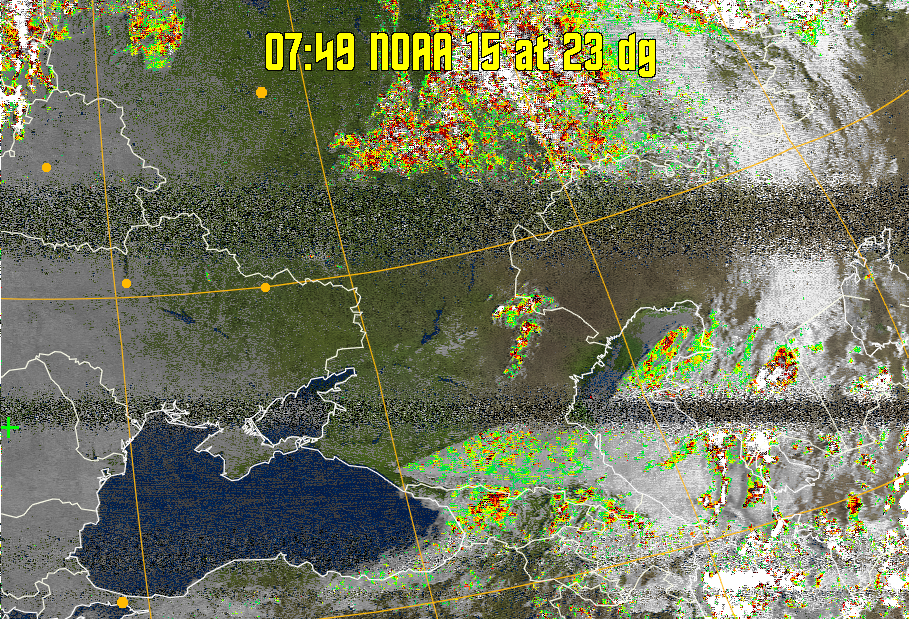 MSA-precip:
Same as MSA multispectral analysis, but high cold cloud tops are coloured the
same as the NO enhancement to give an approximate indication of the probability
and intensity of precipitation.