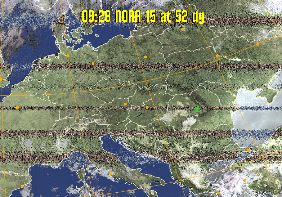 HVCT:
Similar to HVC, but with blue water and with colours more indicative of
land temperatures.
HVC:
Creates a false colour image from NOAA APT images based on temperature using
the HVC colour model. Uses the temperature derived from the sensor 4 image to
select the hue and the brightness from the histogram equalised other image to
select the value and chroma. The HVC colour model attempts to ensure that different colours at the same value will appear to the eye to be the same brightness
and the spacing between colours representing each degree will appear to the eye to
be similar. Bright areas are completely unsaturated in this model.
