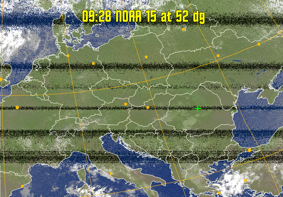 MCIR-precip: 
Colours the NOAA sensor 4 IR image using a map to colour the sea blue and land
green. High clouds appear white, lower clouds gray or land/sea coloured, clouds
generally appear lighter, but distinguishing between land/sea and low cloud may
be difficult. Darker colours indicate warmer regions.