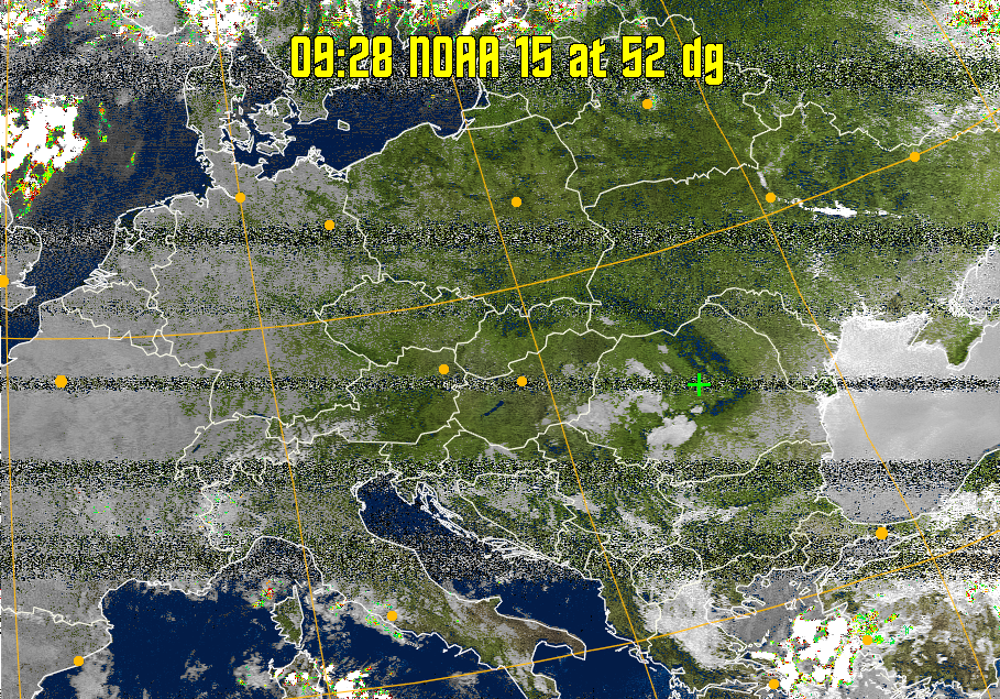 MSA-precip:
Same as MSA multispectral analysis, but high cold cloud tops are coloured the
same as the NO enhancement to give an approximate indication of the probability
and intensity of precipitation.