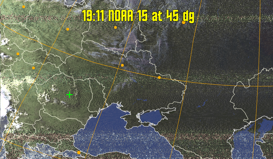 HVCT:
Similar to HVC, but with blue water and with colours more indicative of
land temperatures.
HVC:
Creates a false colour image from NOAA APT images based on temperature using
the HVC colour model. Uses the temperature derived from the sensor 4 image to
select the hue and the brightness from the histogram equalised other image to
select the value and chroma. The HVC colour model attempts to ensure that different colours at the same value will appear to the eye to be the same brightness
and the spacing between colours representing each degree will appear to the eye to
be similar. Bright areas are completely unsaturated in this model.