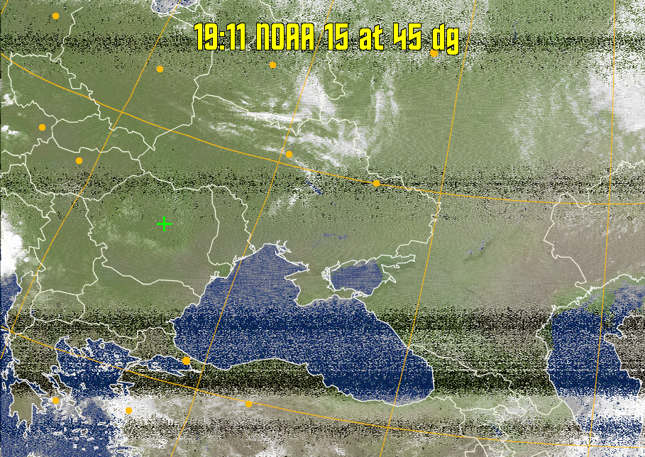 MCIR-precip: 
Colours the NOAA sensor 4 IR image using a map to colour the sea blue and land
green. High clouds appear white, lower clouds gray or land/sea coloured, clouds
generally appear lighter, but distinguishing between land/sea and low cloud may
be difficult. Darker colours indicate warmer regions.