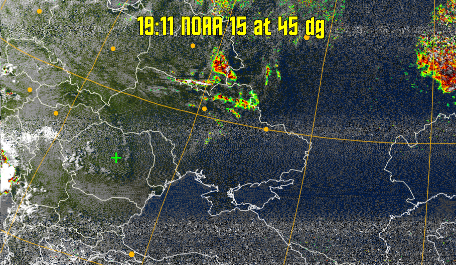 MSA-precip:
Same as MSA multispectral analysis, but high cold cloud tops are coloured the
same as the NO enhancement to give an approximate indication of the probability
and intensity of precipitation.