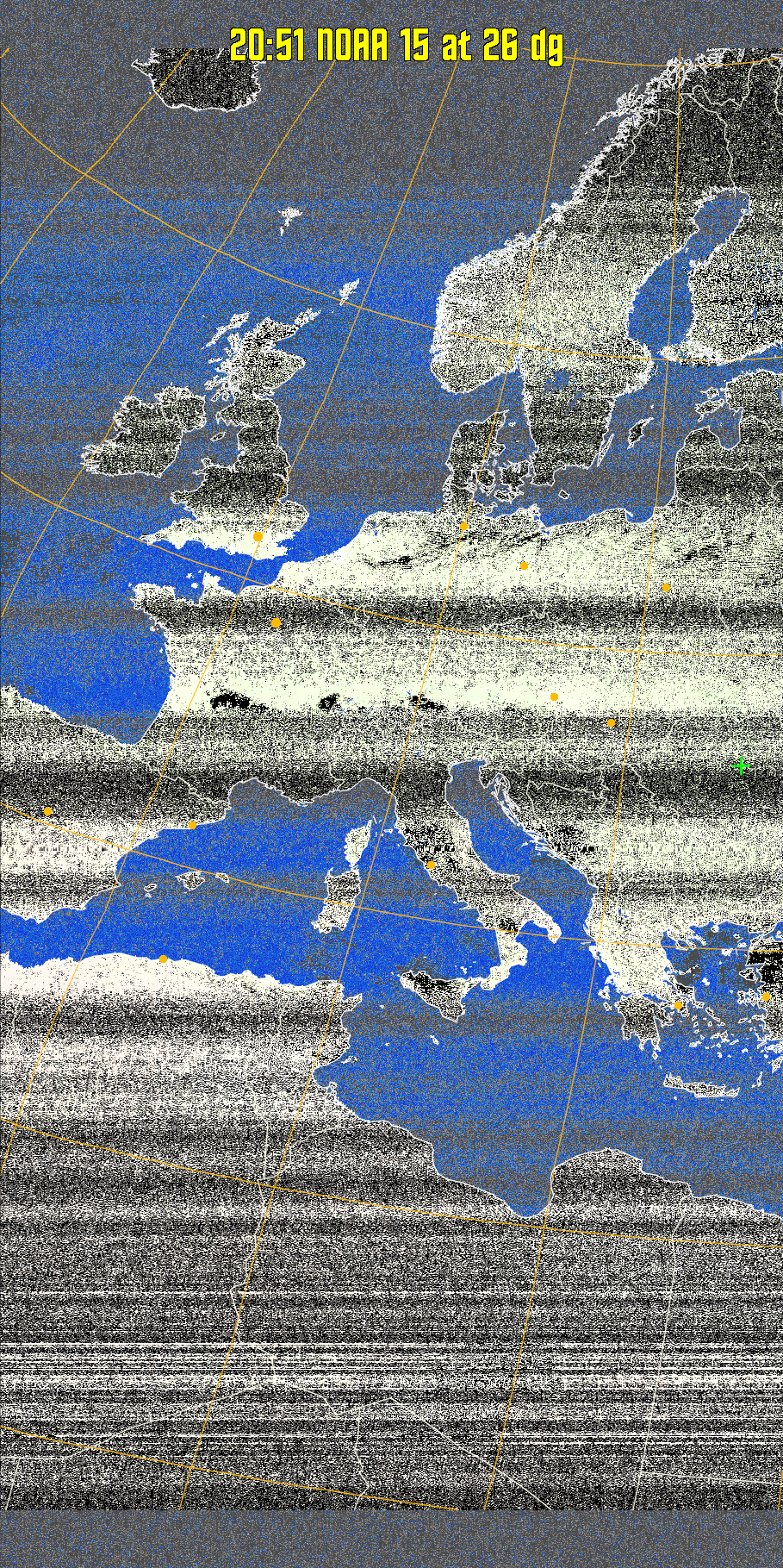 MCIR-precip: 
Colours the NOAA sensor 4 IR image using a map to colour the sea blue and land
green. High clouds appear white, lower clouds gray or land/sea coloured, clouds
generally appear lighter, but distinguishing between land/sea and low cloud may
be difficult. Darker colours indicate warmer regions.