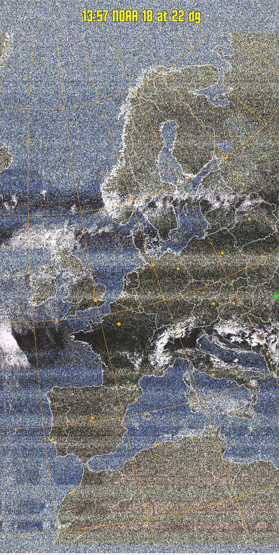 HVCT:
Similar to HVC, but with blue water and with colours more indicative of
land temperatures.
HVC:
Creates a false colour image from NOAA APT images based on temperature using
the HVC colour model. Uses the temperature derived from the sensor 4 image to
select the hue and the brightness from the histogram equalised other image to
select the value and chroma. The HVC colour model attempts to ensure that different colours at the same value will appear to the eye to be the same brightness
and the spacing between colours representing each degree will appear to the eye to
be similar. Bright areas are completely unsaturated in this model.