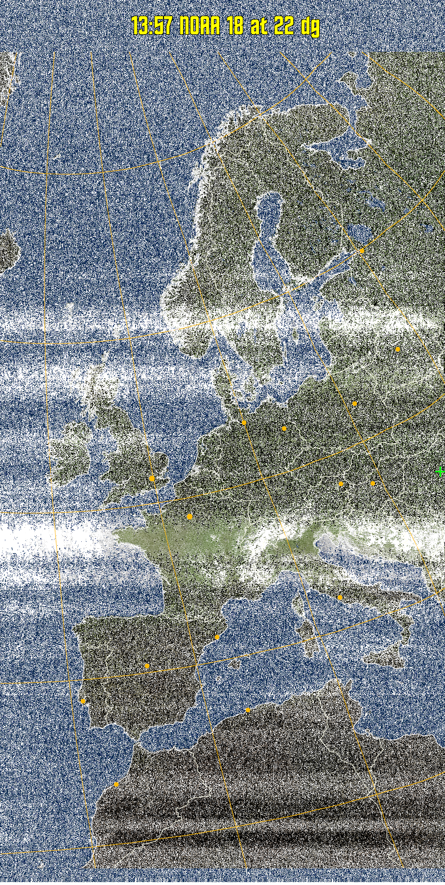 MCIR-precip: 
Colours the NOAA sensor 4 IR image using a map to colour the sea blue and land
green. High clouds appear white, lower clouds gray or land/sea coloured, clouds
generally appear lighter, but distinguishing between land/sea and low cloud may
be difficult. Darker colours indicate warmer regions.