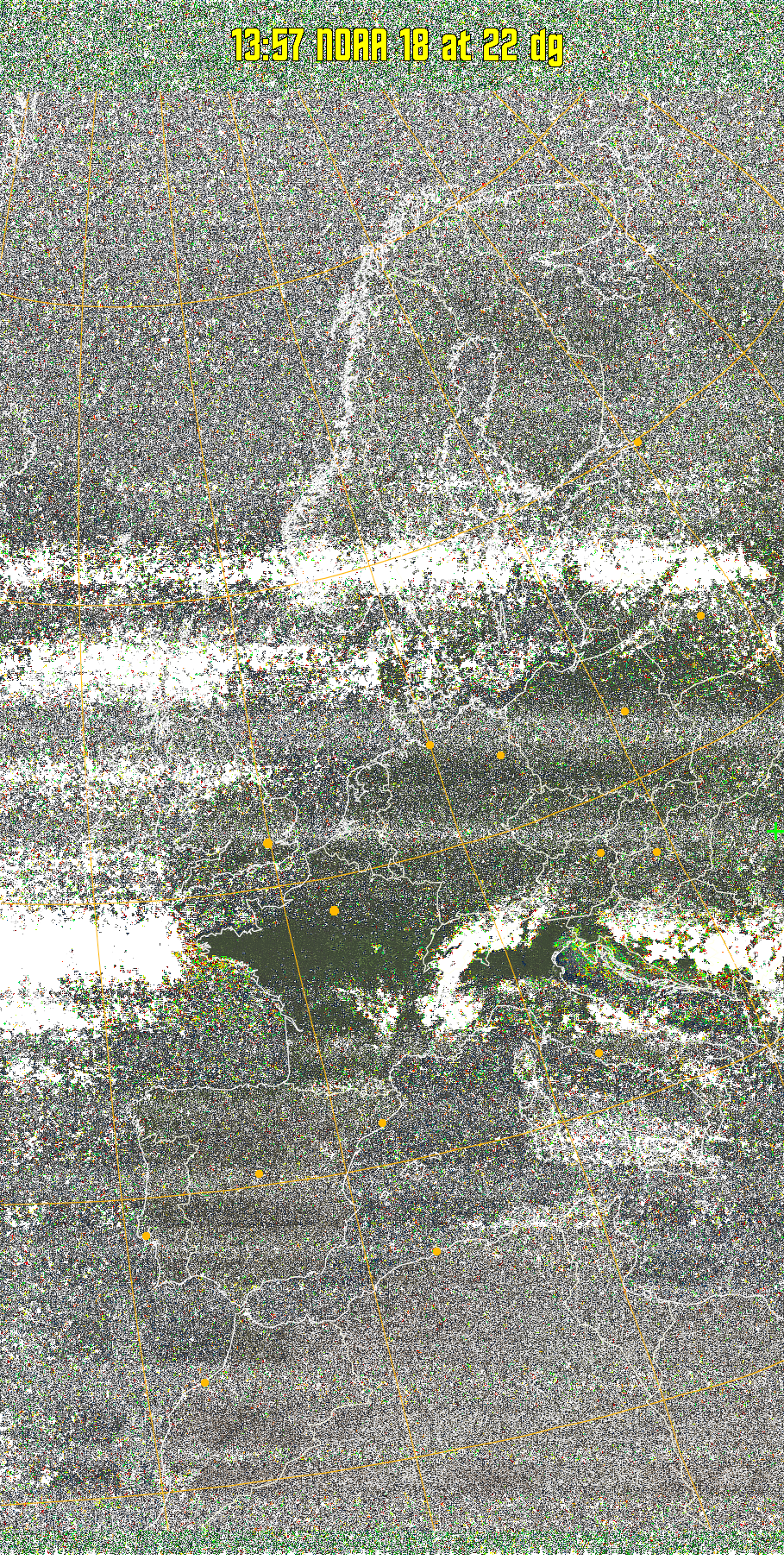 MSA-precip:
Same as MSA multispectral analysis, but high cold cloud tops are coloured the
same as the NO enhancement to give an approximate indication of the probability
and intensity of precipitation.