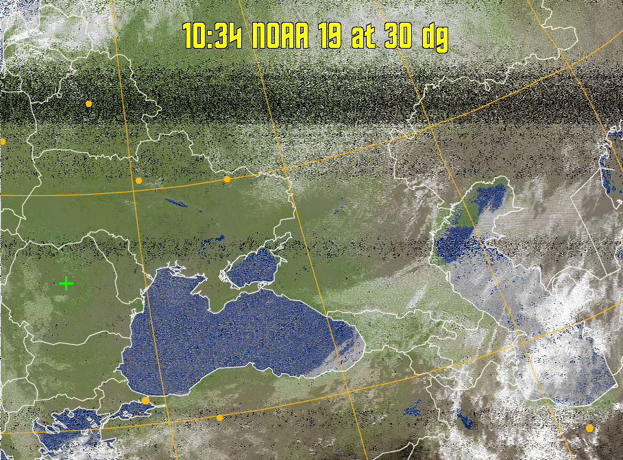 MCIR-precip: 
Colours the NOAA sensor 4 IR image using a map to colour the sea blue and land
green. High clouds appear white, lower clouds gray or land/sea coloured, clouds
generally appear lighter, but distinguishing between land/sea and low cloud may
be difficult. Darker colours indicate warmer regions.