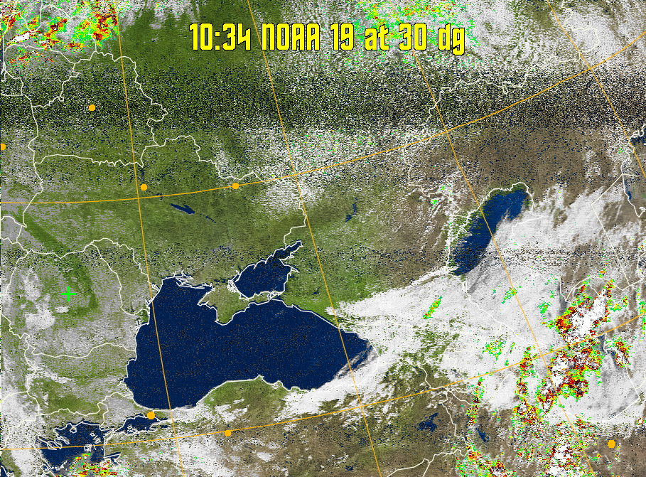 MSA-precip:
Same as MSA multispectral analysis, but high cold cloud tops are coloured the
same as the NO enhancement to give an approximate indication of the probability
and intensity of precipitation.
