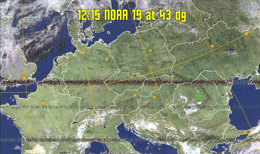 HVCT:
Similar to HVC, but with blue water and with colours more indicative of
land temperatures.
HVC:
Creates a false colour image from NOAA APT images based on temperature using
the HVC colour model. Uses the temperature derived from the sensor 4 image to
select the hue and the brightness from the histogram equalised other image to
select the value and chroma. The HVC colour model attempts to ensure that different colours at the same value will appear to the eye to be the same brightness
and the spacing between colours representing each degree will appear to the eye to
be similar. Bright areas are completely unsaturated in this model.