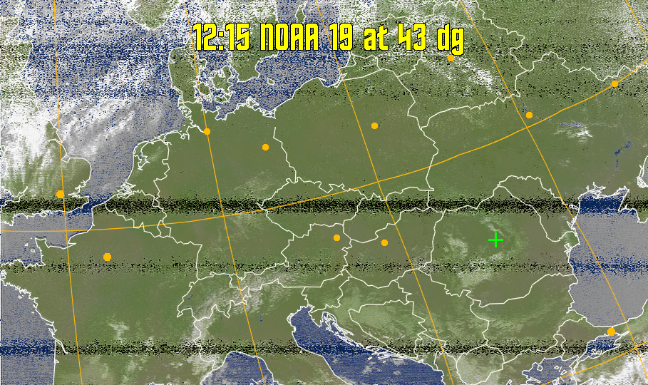 MCIR-precip: 
Colours the NOAA sensor 4 IR image using a map to colour the sea blue and land
green. High clouds appear white, lower clouds gray or land/sea coloured, clouds
generally appear lighter, but distinguishing between land/sea and low cloud may
be difficult. Darker colours indicate warmer regions.