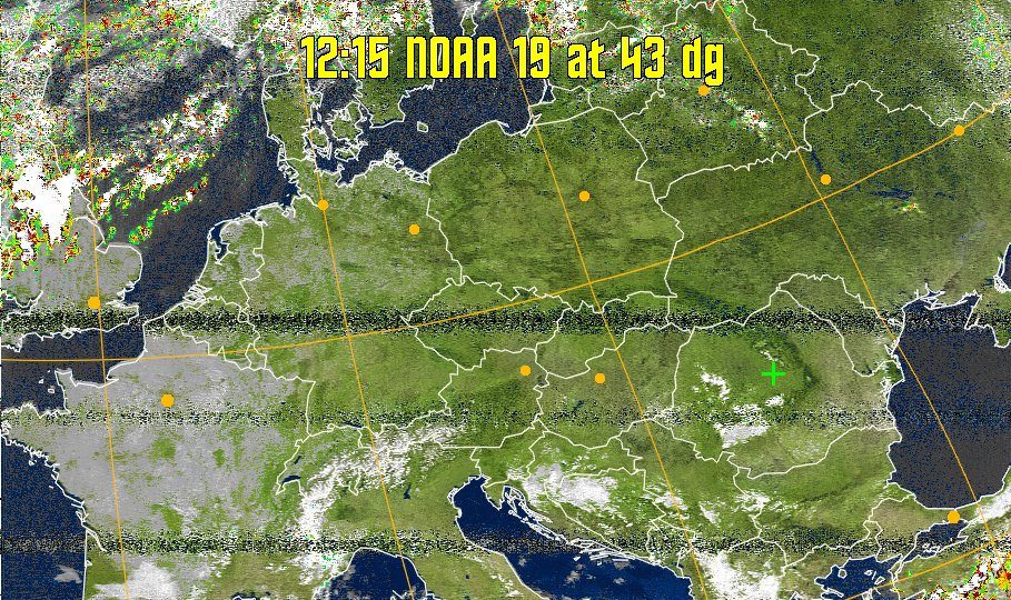 MSA-precip:
Same as MSA multispectral analysis, but high cold cloud tops are coloured the
same as the NO enhancement to give an approximate indication of the probability
and intensity of precipitation.