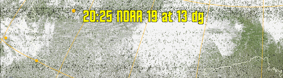 MCIR-precip: 
Colours the NOAA sensor 4 IR image using a map to colour the sea blue and land
green. High clouds appear white, lower clouds gray or land/sea coloured, clouds
generally appear lighter, but distinguishing between land/sea and low cloud may
be difficult. Darker colours indicate warmer regions.