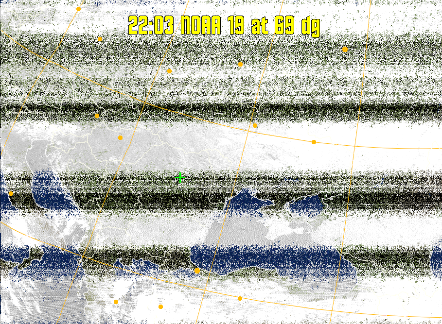 MCIR-precip: 
Colours the NOAA sensor 4 IR image using a map to colour the sea blue and land
green. High clouds appear white, lower clouds gray or land/sea coloured, clouds
generally appear lighter, but distinguishing between land/sea and low cloud may
be difficult. Darker colours indicate warmer regions.