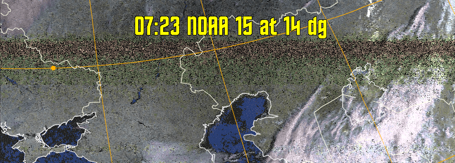 HVCT:
Similar to HVC, but with blue water and with colours more indicative of
land temperatures.
HVC:
Creates a false colour image from NOAA APT images based on temperature using
the HVC colour model. Uses the temperature derived from the sensor 4 image to
select the hue and the brightness from the histogram equalised other image to
select the value and chroma. The HVC colour model attempts to ensure that different colours at the same value will appear to the eye to be the same brightness
and the spacing between colours representing each degree will appear to the eye to
be similar. Bright areas are completely unsaturated in this model.