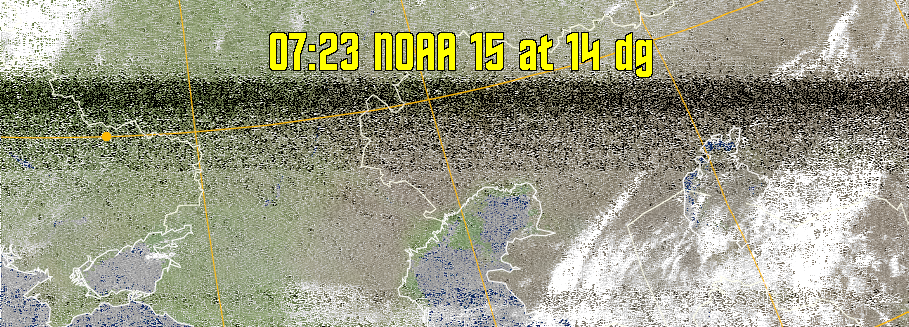 MCIR-precip: 
Colours the NOAA sensor 4 IR image using a map to colour the sea blue and land
green. High clouds appear white, lower clouds gray or land/sea coloured, clouds
generally appear lighter, but distinguishing between land/sea and low cloud may
be difficult. Darker colours indicate warmer regions.