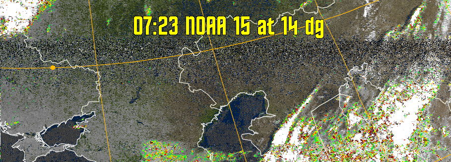 MSA-precip:
Same as MSA multispectral analysis, but high cold cloud tops are coloured the
same as the NO enhancement to give an approximate indication of the probability
and intensity of precipitation.