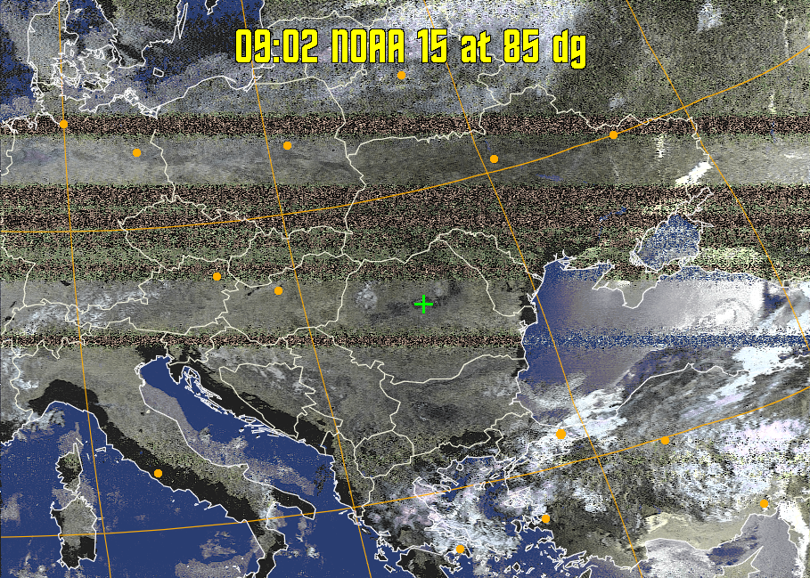 HVCT:
Similar to HVC, but with blue water and with colours more indicative of
land temperatures.
HVC:
Creates a false colour image from NOAA APT images based on temperature using
the HVC colour model. Uses the temperature derived from the sensor 4 image to
select the hue and the brightness from the histogram equalised other image to
select the value and chroma. The HVC colour model attempts to ensure that different colours at the same value will appear to the eye to be the same brightness
and the spacing between colours representing each degree will appear to the eye to
be similar. Bright areas are completely unsaturated in this model.