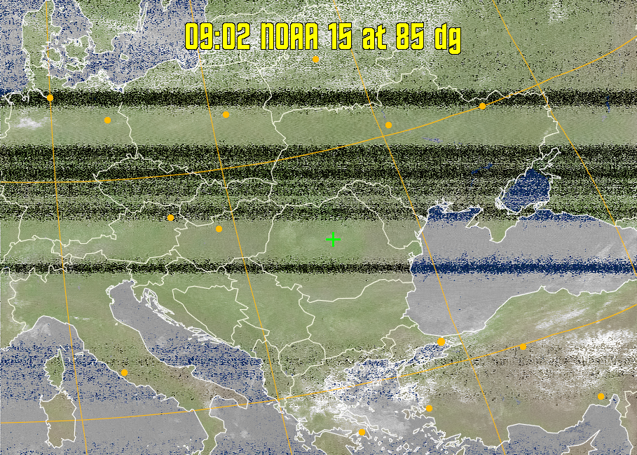 MCIR-precip: 
Colours the NOAA sensor 4 IR image using a map to colour the sea blue and land
green. High clouds appear white, lower clouds gray or land/sea coloured, clouds
generally appear lighter, but distinguishing between land/sea and low cloud may
be difficult. Darker colours indicate warmer regions.