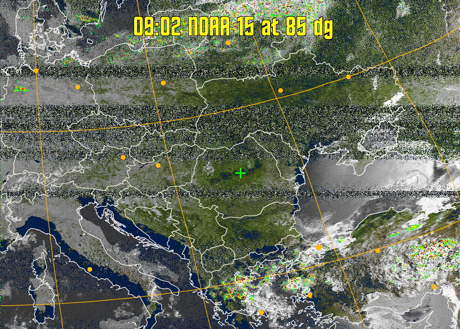 MSA-precip:
Same as MSA multispectral analysis, but high cold cloud tops are coloured the
same as the NO enhancement to give an approximate indication of the probability
and intensity of precipitation.