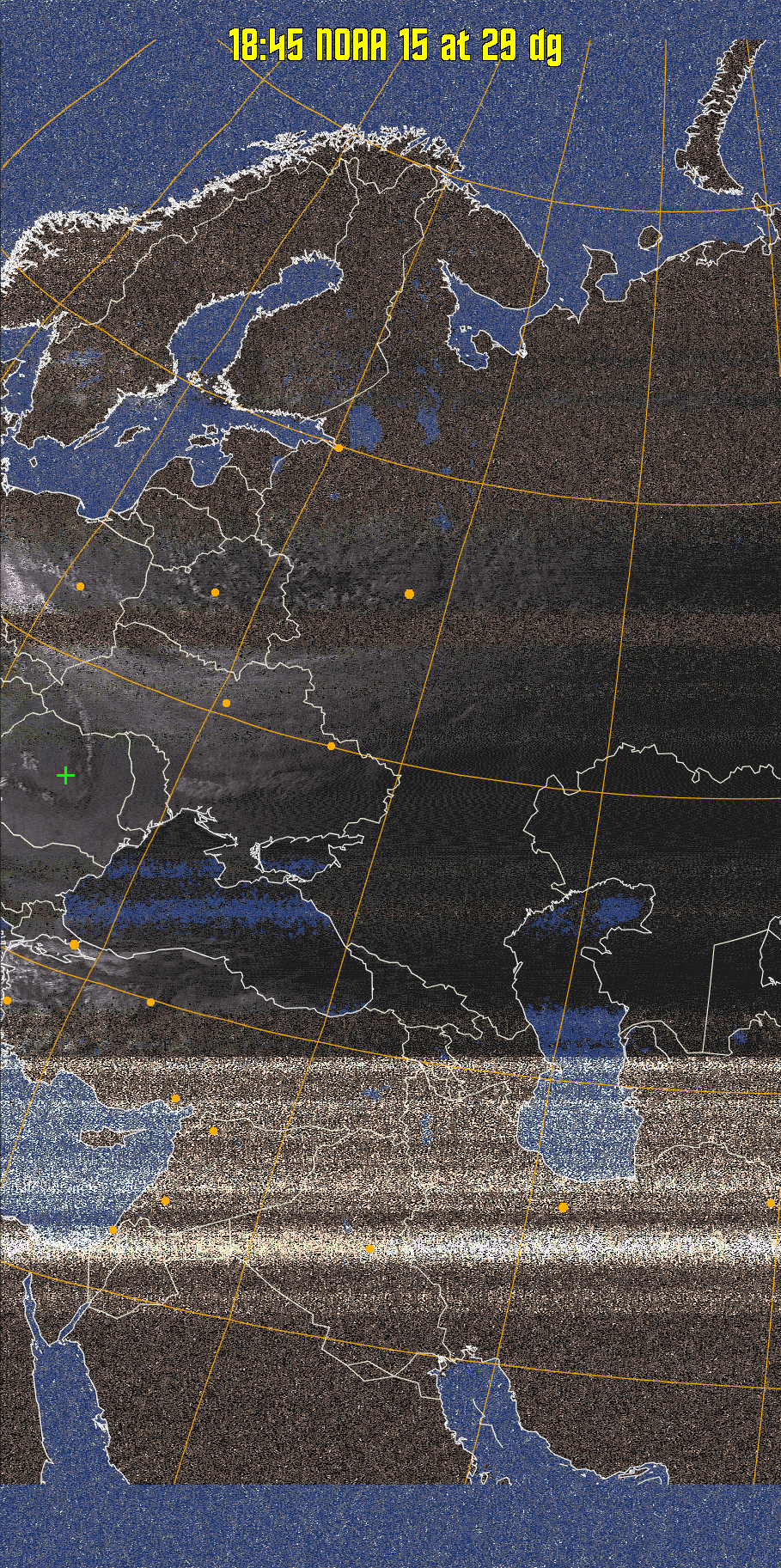 HVCT:
Similar to HVC, but with blue water and with colours more indicative of
land temperatures.
HVC:
Creates a false colour image from NOAA APT images based on temperature using
the HVC colour model. Uses the temperature derived from the sensor 4 image to
select the hue and the brightness from the histogram equalised other image to
select the value and chroma. The HVC colour model attempts to ensure that different colours at the same value will appear to the eye to be the same brightness
and the spacing between colours representing each degree will appear to the eye to
be similar. Bright areas are completely unsaturated in this model.