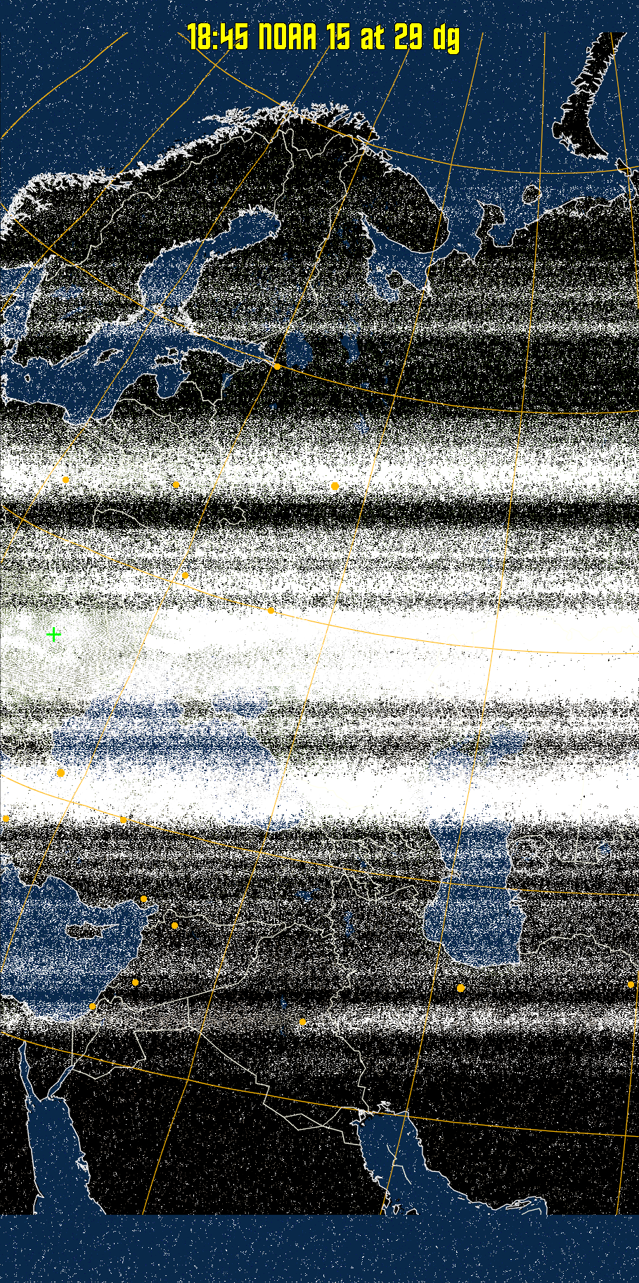 MCIR-precip: 
Colours the NOAA sensor 4 IR image using a map to colour the sea blue and land
green. High clouds appear white, lower clouds gray or land/sea coloured, clouds
generally appear lighter, but distinguishing between land/sea and low cloud may
be difficult. Darker colours indicate warmer regions.