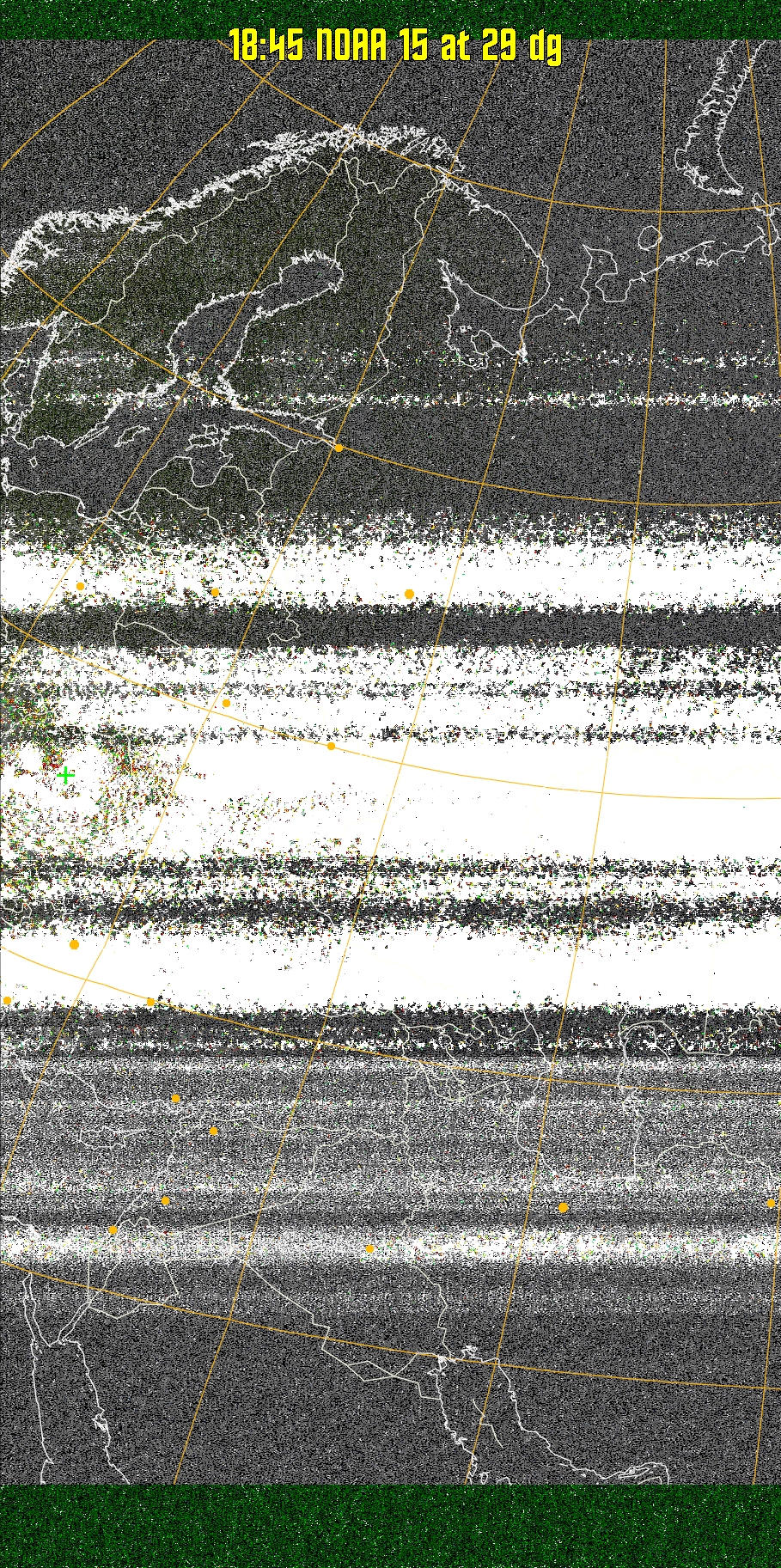 MSA-precip:
Same as MSA multispectral analysis, but high cold cloud tops are coloured the
same as the NO enhancement to give an approximate indication of the probability
and intensity of precipitation.