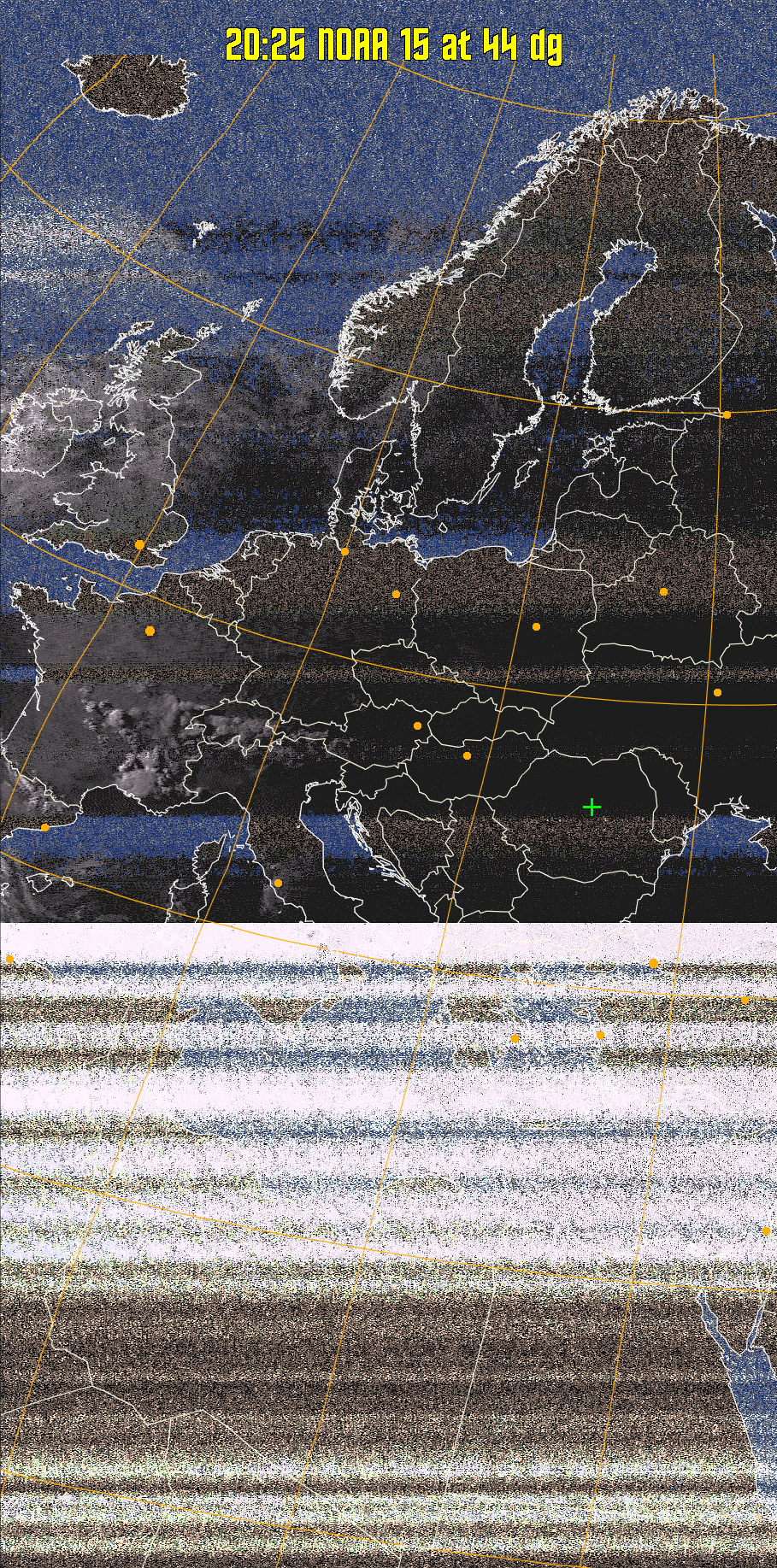 HVCT:
Similar to HVC, but with blue water and with colours more indicative of
land temperatures.
HVC:
Creates a false colour image from NOAA APT images based on temperature using
the HVC colour model. Uses the temperature derived from the sensor 4 image to
select the hue and the brightness from the histogram equalised other image to
select the value and chroma. The HVC colour model attempts to ensure that different colours at the same value will appear to the eye to be the same brightness
and the spacing between colours representing each degree will appear to the eye to
be similar. Bright areas are completely unsaturated in this model.