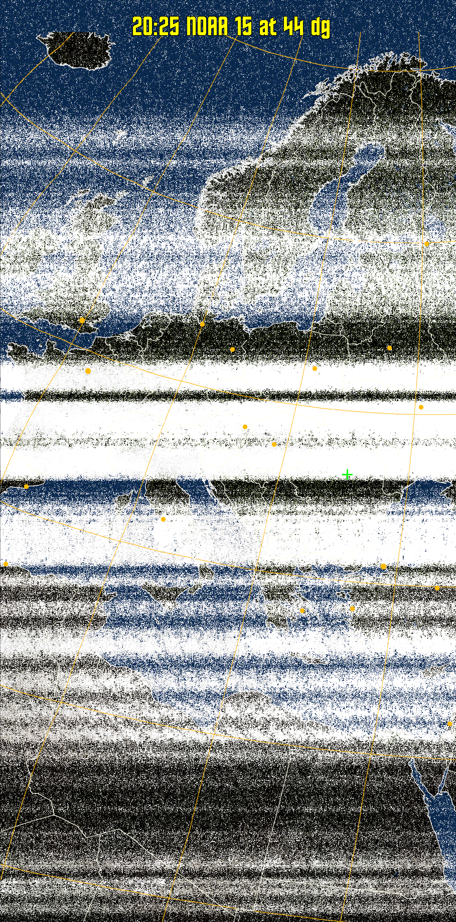 MCIR-precip: 
Colours the NOAA sensor 4 IR image using a map to colour the sea blue and land
green. High clouds appear white, lower clouds gray or land/sea coloured, clouds
generally appear lighter, but distinguishing between land/sea and low cloud may
be difficult. Darker colours indicate warmer regions.