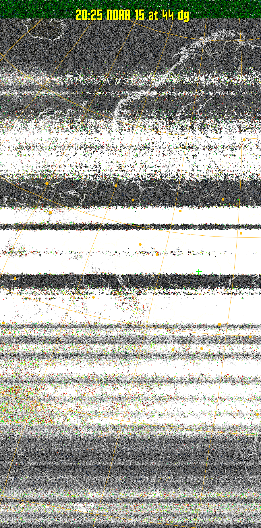 MSA-precip:
Same as MSA multispectral analysis, but high cold cloud tops are coloured the
same as the NO enhancement to give an approximate indication of the probability
and intensity of precipitation.