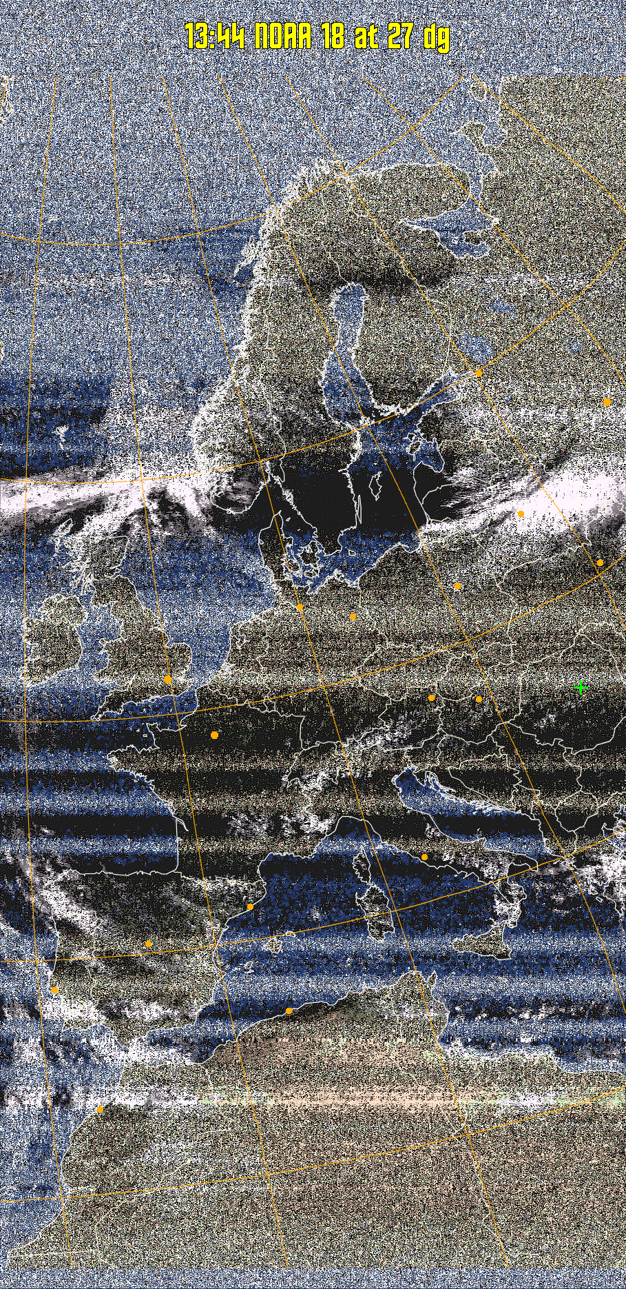HVCT:
Similar to HVC, but with blue water and with colours more indicative of
land temperatures.
HVC:
Creates a false colour image from NOAA APT images based on temperature using
the HVC colour model. Uses the temperature derived from the sensor 4 image to
select the hue and the brightness from the histogram equalised other image to
select the value and chroma. The HVC colour model attempts to ensure that different colours at the same value will appear to the eye to be the same brightness
and the spacing between colours representing each degree will appear to the eye to
be similar. Bright areas are completely unsaturated in this model.