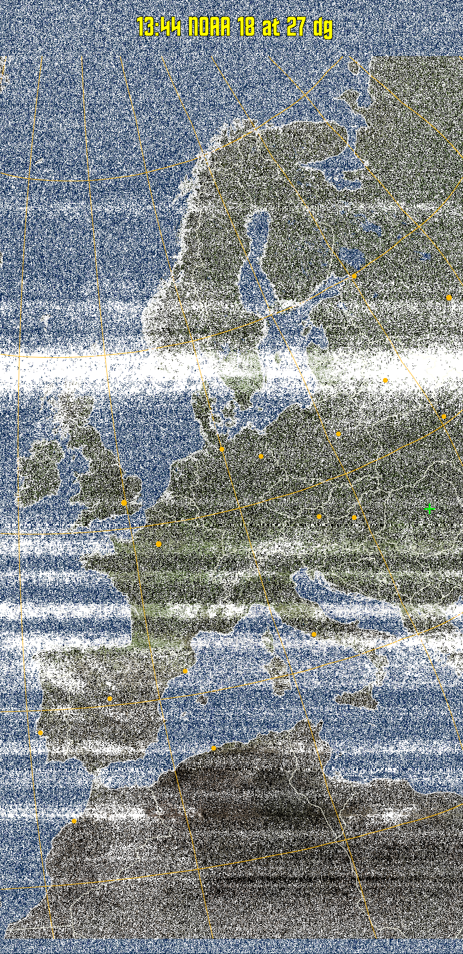 MCIR-precip: 
Colours the NOAA sensor 4 IR image using a map to colour the sea blue and land
green. High clouds appear white, lower clouds gray or land/sea coloured, clouds
generally appear lighter, but distinguishing between land/sea and low cloud may
be difficult. Darker colours indicate warmer regions.