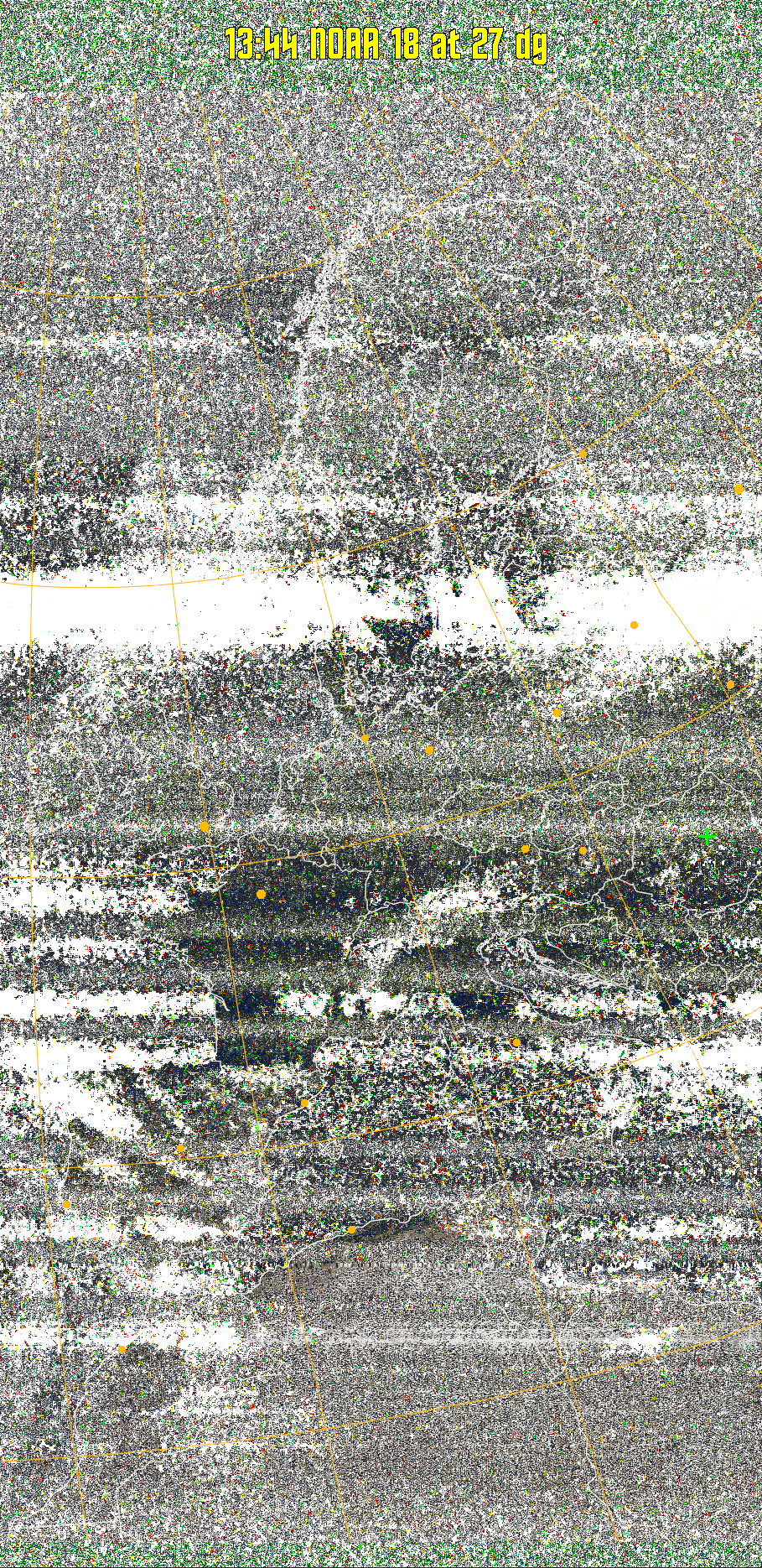 MSA-precip:
Same as MSA multispectral analysis, but high cold cloud tops are coloured the
same as the NO enhancement to give an approximate indication of the probability
and intensity of precipitation.