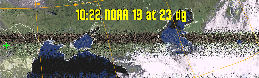 HVCT:
Similar to HVC, but with blue water and with colours more indicative of
land temperatures.
HVC:
Creates a false colour image from NOAA APT images based on temperature using
the HVC colour model. Uses the temperature derived from the sensor 4 image to
select the hue and the brightness from the histogram equalised other image to
select the value and chroma. The HVC colour model attempts to ensure that different colours at the same value will appear to the eye to be the same brightness
and the spacing between colours representing each degree will appear to the eye to
be similar. Bright areas are completely unsaturated in this model.