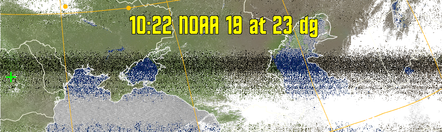 MCIR-precip: 
Colours the NOAA sensor 4 IR image using a map to colour the sea blue and land
green. High clouds appear white, lower clouds gray or land/sea coloured, clouds
generally appear lighter, but distinguishing between land/sea and low cloud may
be difficult. Darker colours indicate warmer regions.