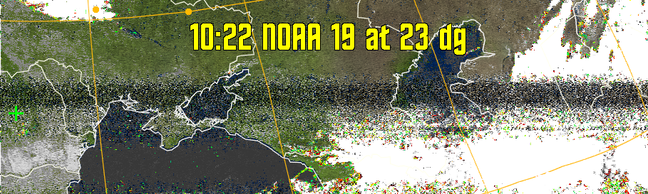 MSA-precip:
Same as MSA multispectral analysis, but high cold cloud tops are coloured the
same as the NO enhancement to give an approximate indication of the probability
and intensity of precipitation.