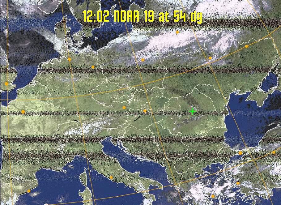 HVCT:
Similar to HVC, but with blue water and with colours more indicative of
land temperatures.
HVC:
Creates a false colour image from NOAA APT images based on temperature using
the HVC colour model. Uses the temperature derived from the sensor 4 image to
select the hue and the brightness from the histogram equalised other image to
select the value and chroma. The HVC colour model attempts to ensure that different colours at the same value will appear to the eye to be the same brightness
and the spacing between colours representing each degree will appear to the eye to
be similar. Bright areas are completely unsaturated in this model.