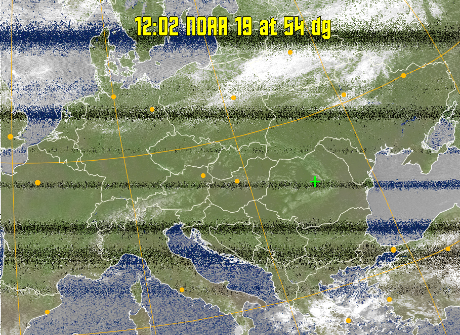 MCIR-precip: 
Colours the NOAA sensor 4 IR image using a map to colour the sea blue and land
green. High clouds appear white, lower clouds gray or land/sea coloured, clouds
generally appear lighter, but distinguishing between land/sea and low cloud may
be difficult. Darker colours indicate warmer regions.