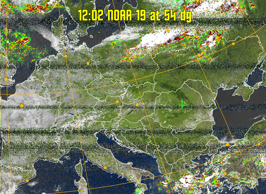 MSA-precip:
Same as MSA multispectral analysis, but high cold cloud tops are coloured the
same as the NO enhancement to give an approximate indication of the probability
and intensity of precipitation.