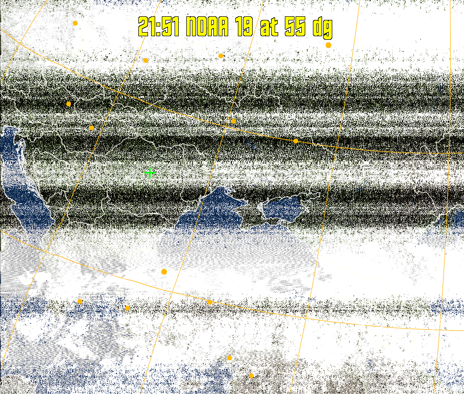 MCIR-precip: 
Colours the NOAA sensor 4 IR image using a map to colour the sea blue and land
green. High clouds appear white, lower clouds gray or land/sea coloured, clouds
generally appear lighter, but distinguishing between land/sea and low cloud may
be difficult. Darker colours indicate warmer regions.