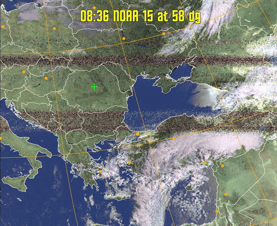 HVCT:
Similar to HVC, but with blue water and with colours more indicative of
land temperatures.
HVC:
Creates a false colour image from NOAA APT images based on temperature using
the HVC colour model. Uses the temperature derived from the sensor 4 image to
select the hue and the brightness from the histogram equalised other image to
select the value and chroma. The HVC colour model attempts to ensure that different colours at the same value will appear to the eye to be the same brightness
and the spacing between colours representing each degree will appear to the eye to
be similar. Bright areas are completely unsaturated in this model.