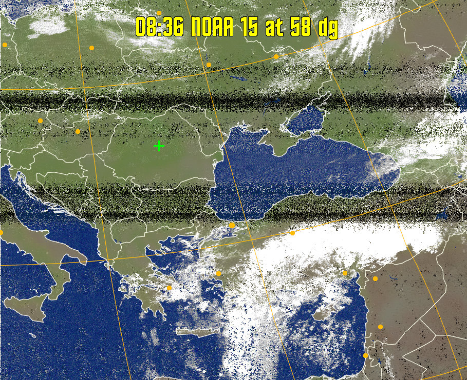 MCIR-precip: 
Colours the NOAA sensor 4 IR image using a map to colour the sea blue and land
green. High clouds appear white, lower clouds gray or land/sea coloured, clouds
generally appear lighter, but distinguishing between land/sea and low cloud may
be difficult. Darker colours indicate warmer regions.