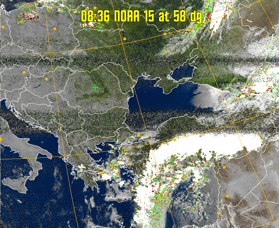 MSA-precip:
Same as MSA multispectral analysis, but high cold cloud tops are coloured the
same as the NO enhancement to give an approximate indication of the probability
and intensity of precipitation.