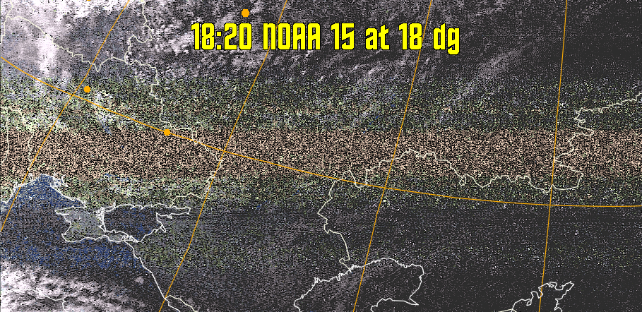 HVCT:
Similar to HVC, but with blue water and with colours more indicative of
land temperatures.
HVC:
Creates a false colour image from NOAA APT images based on temperature using
the HVC colour model. Uses the temperature derived from the sensor 4 image to
select the hue and the brightness from the histogram equalised other image to
select the value and chroma. The HVC colour model attempts to ensure that different colours at the same value will appear to the eye to be the same brightness
and the spacing between colours representing each degree will appear to the eye to
be similar. Bright areas are completely unsaturated in this model.