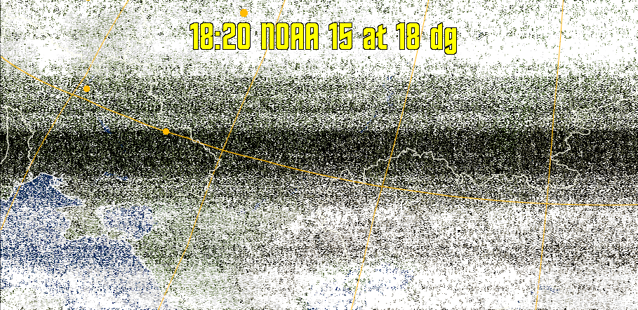 MCIR-precip: 
Colours the NOAA sensor 4 IR image using a map to colour the sea blue and land
green. High clouds appear white, lower clouds gray or land/sea coloured, clouds
generally appear lighter, but distinguishing between land/sea and low cloud may
be difficult. Darker colours indicate warmer regions.
